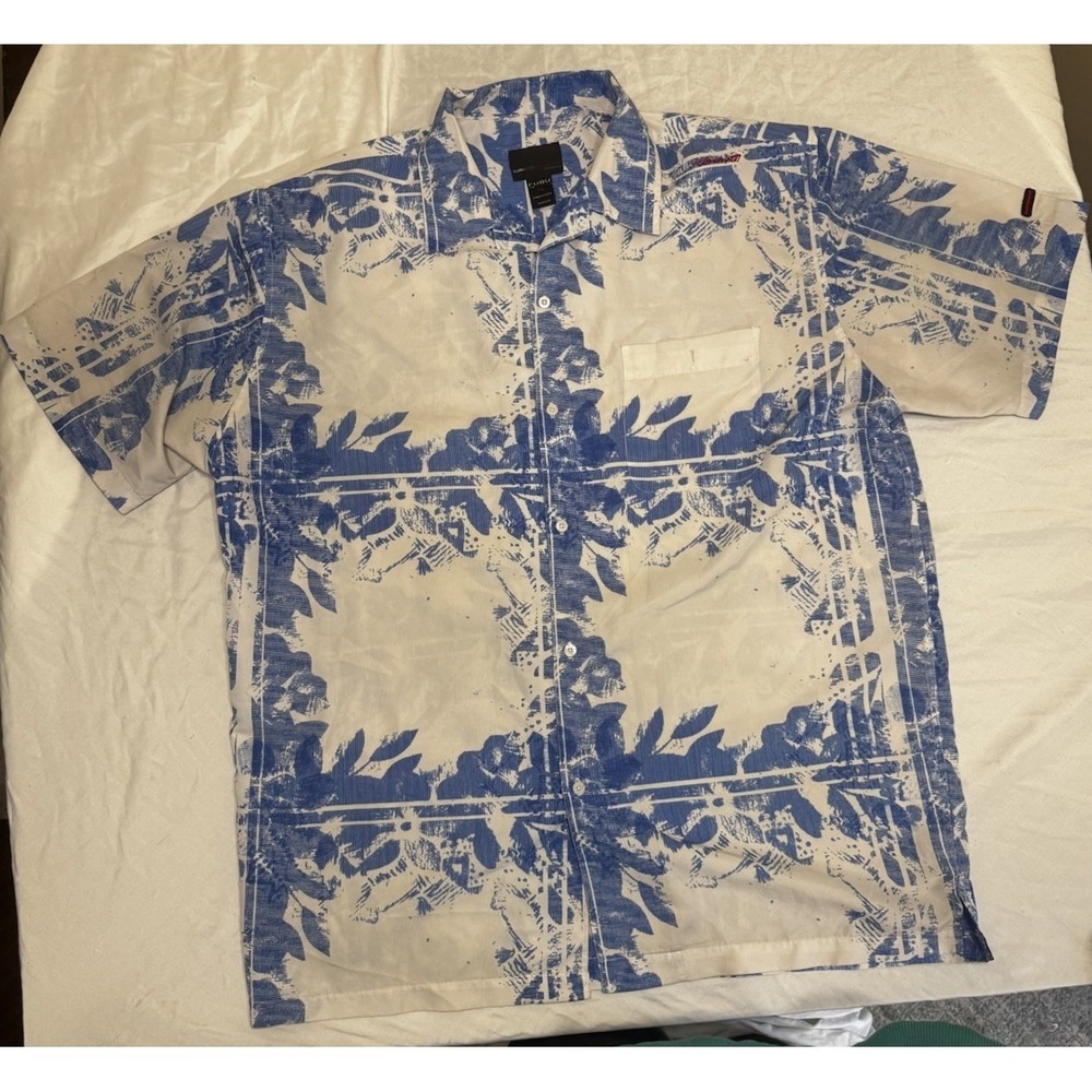 Fubu Shirt Mens XL Blue Geometric Button Up Hawaiian Y2K Hip Hop